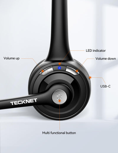 TECKNET Bluetooth Headset mit Mikrofon, kabelloses PC Headset, Rauschunterdrückung und Freisprechen Chat Headset für Computer, Callcenter, Telefonkonferenzen, Super Leicht, Ultra Komfort