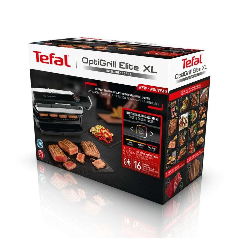 Tefal OptiGrill Elite XL Kontaktgrill, 16 Programme, Digitales Display mit Garstufenanzeige, Abnehmbare XL-Platten, Elektrogrill, Edelstahl, GC760D12