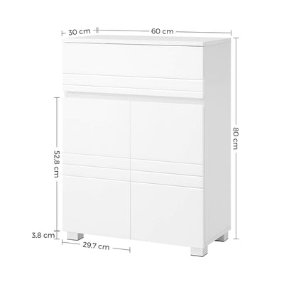 VASAGLE Badezimmerschrank auf Fuß, Aufbewahrungsschrank mit Schublade, Doppeltürschrank, verstellbares Regal, für Eingang, Flur, 60 x 30 x 80 cm, Weiß BBK140W01