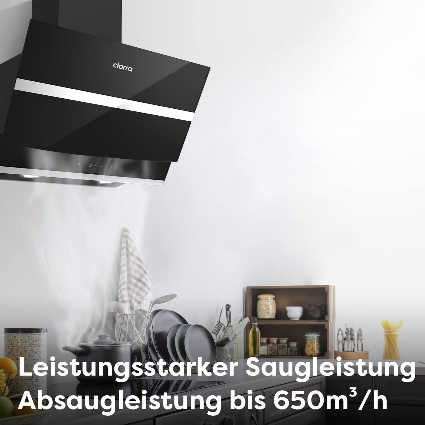 CIARRA CBCB6736N Kopffreie Schräghaube Dunstabzugshaube 60 cm 650 m³/h Touch Control Dimmbar LED-Beleuchtung Abluft Umluft mit CBCF003 Aktivkohlefilter Glas Schwarz