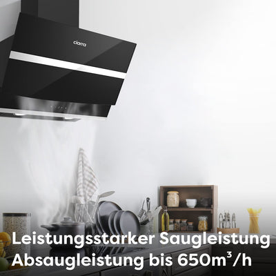 CIARRA CBCB6736N Kopffreie Schräghaube Dunstabzugshaube 60 cm 650 m³/h Touch Control Dimmbar LED-Beleuchtung Abluft Umluft mit CBCF003 Aktivkohlefilter Glas Schwarz