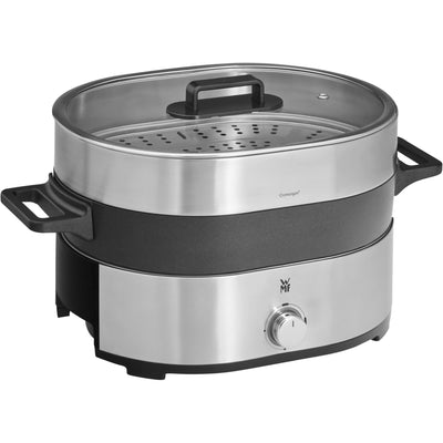 WMF Lono Hot Pot & Dampfgarer elektrisch 3,6l, chinesisches Fondue für 6 Personen, elektrische Dampfgarer, Dampfaufsatz für Dim Sum, Bao, Garkörbchen, 1700W, edelstahl matt