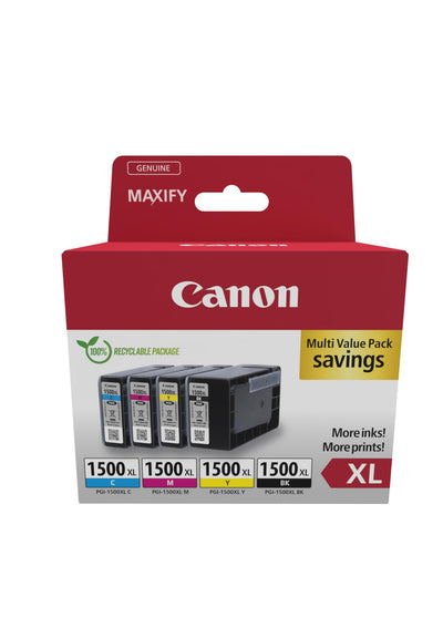 Canon PGI-1500 XL C M Y BK Vorteilspack 4 Tintenpatronen größere Reichweite XL (Schwarz XL, Cyan XL, Magenta XL, Gelb XL) Original [Umweltfreundliche Recycle-Kartonverpackung 2024]