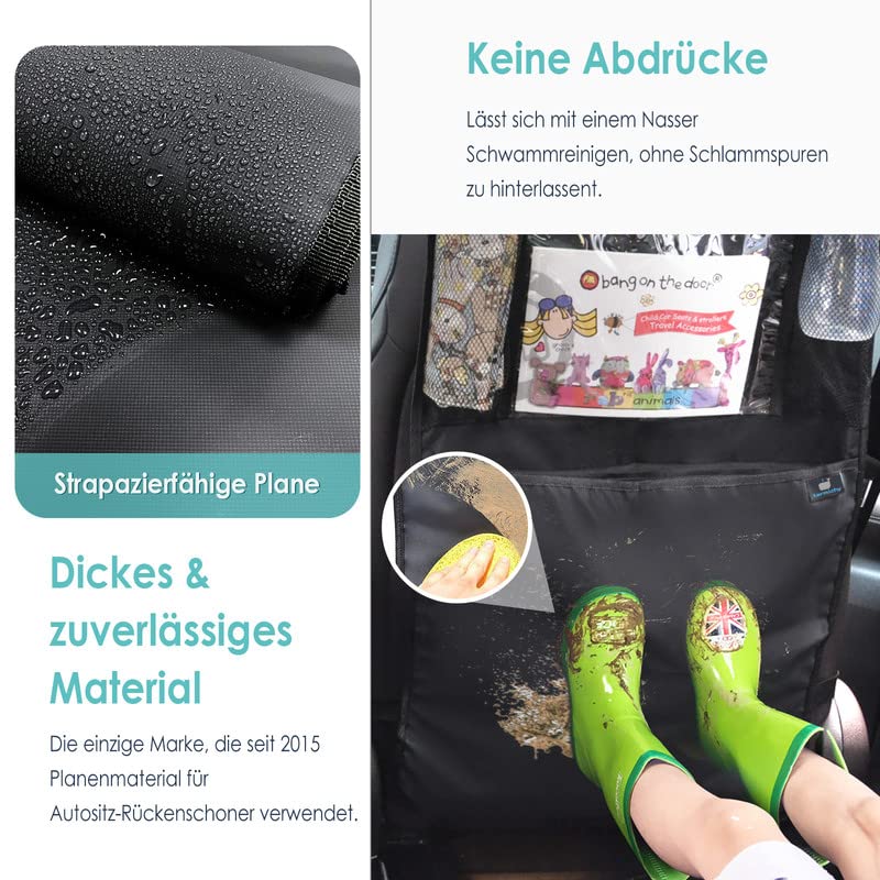 Termichy Rückenlehnenschutz Auto kinder,Auto Organizer,Organizer Auto Rücksitz kinder, Wasserdichtes Plane Kick-Matten-Schutz für Autositz zurück mit große Aufbewahrungstasche (1 Stück,Schwarz)