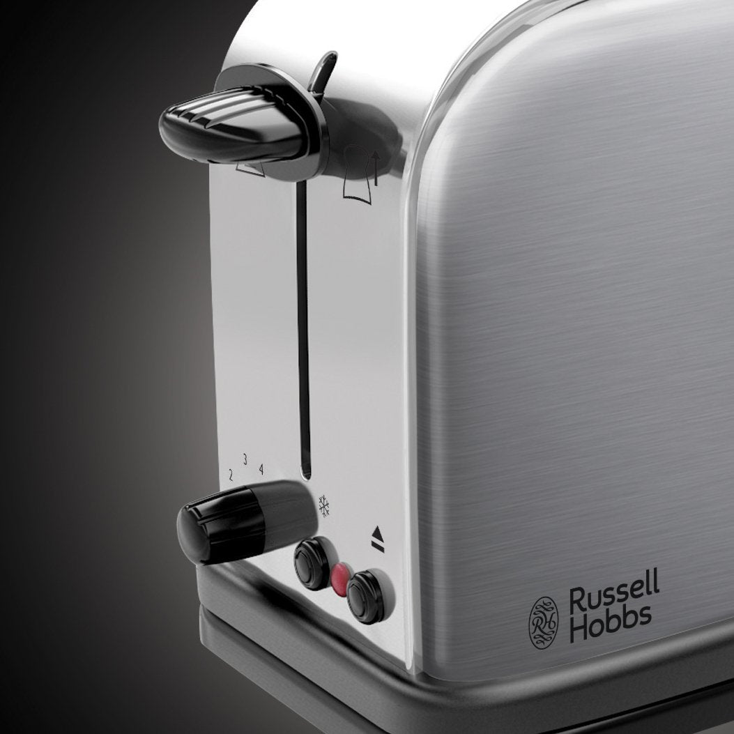 Grille-pain Russell Hobbs [longue fente pour 2 tranches / 1 large tranche de pain] Adventure en acier inoxydable (fente extra large pour grille-pain, avec accessoire pour petits pains, 6 niveaux de brunissement + fonction décongélation, 1000 W) 21396-56