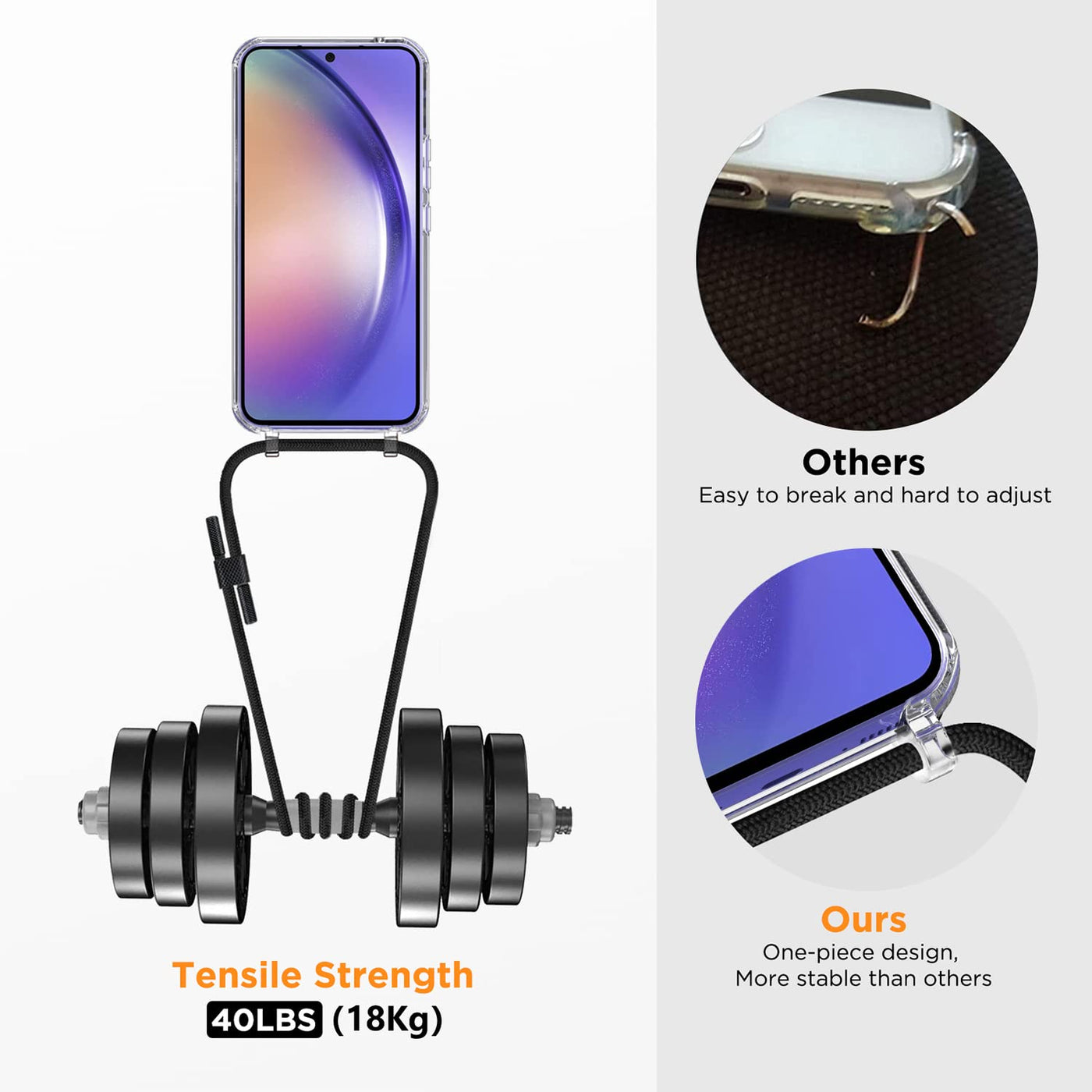 Anshow Handykette für Samsung Galaxy A55 Hülle mit Band + 1 Schutzfolie, Robust Necklace Extrem Stoßfest Handyhülle Samsung A55 Case Transparent Schutzhülle zum Umhängeband Abnehmbar, Schwarz