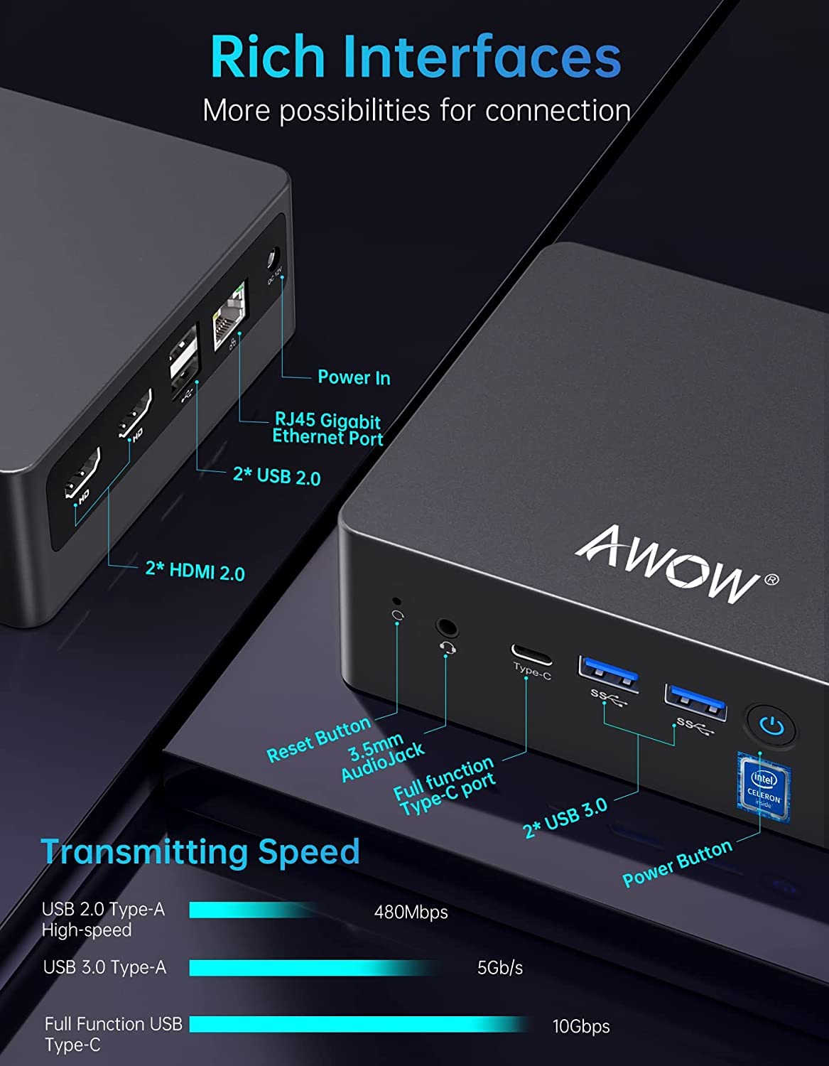 AWOW Mini PC Wi-11 Pro Celeron J4125 mit 8 GB DDR4/ 128 GB NVMe M.2 SSD 4K@60Hz, Desktopcomputer Dual HDMI, 2.4 G/5 G Dual WiFi, Gigabit Ethernet, USB*4,BT 4.2