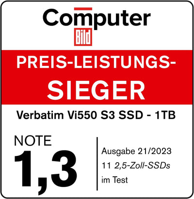 Verbatim Vi550 S3 SSD, internes SSD-Laufwerk mit 1 TB Datenspeicher, Solid State Drive mit 2,5'' SATA III Schnittstelle und 3D-NAND-Technologie, schwarz