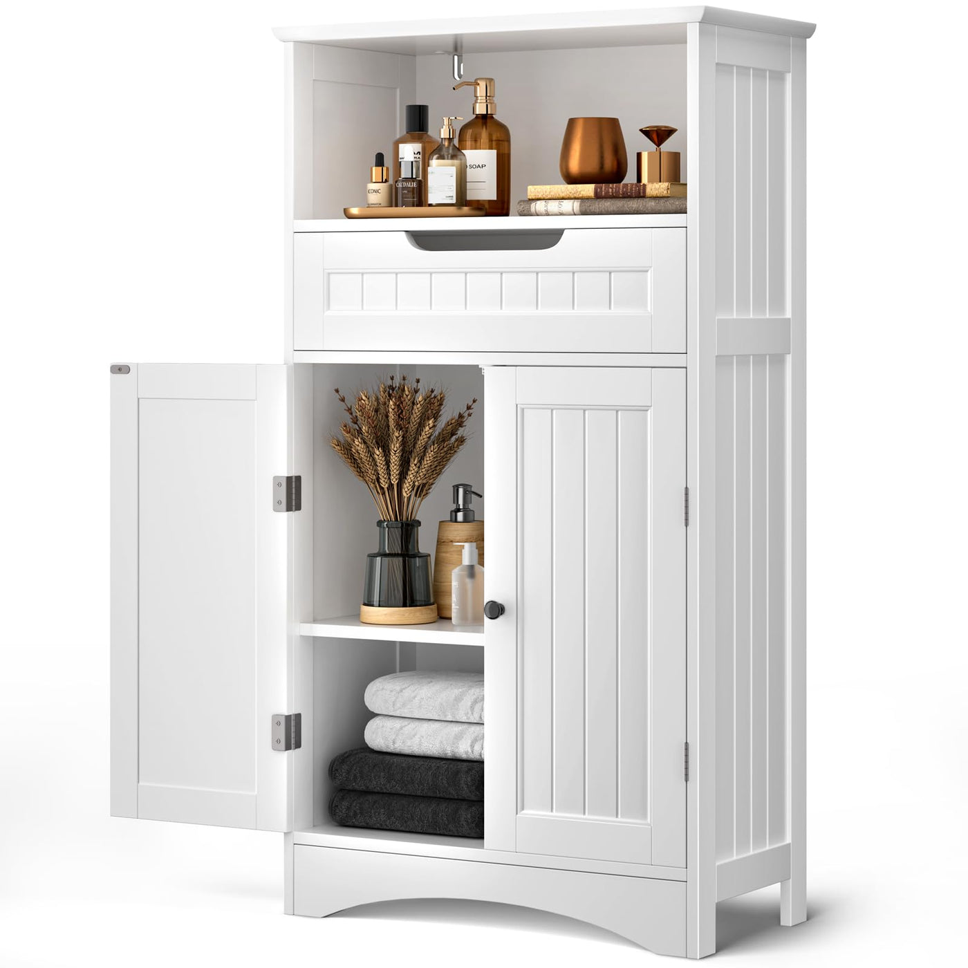 Bealife Badezimmerschrank, Badezimmer-Aufbewahrungsschränke mit großer Schublade, 2 Türen mit verstellbaren Regalen für Badezimmer, Wohnzimmer, Schlafzimmer, 108 x 60 x 30 cm, Weiß