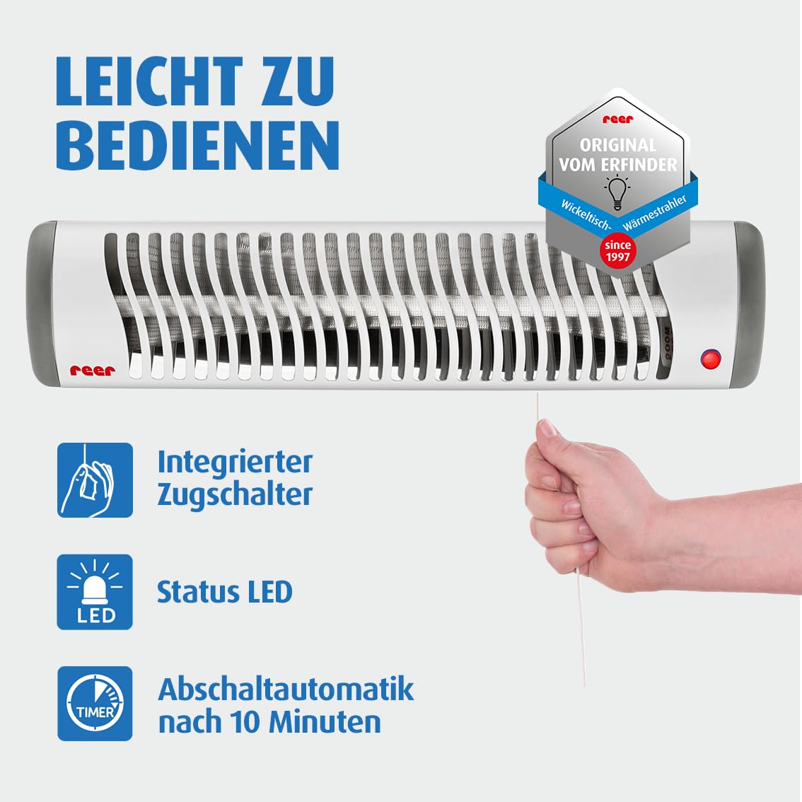 Reer Wickeltischstrahler EasyHeat Flex, Heizstrahler mit Standfuß, Wärmelampe fürs Baby, kompaktes Design, 1 Stück (1er Pack), 230V/500W, weiß