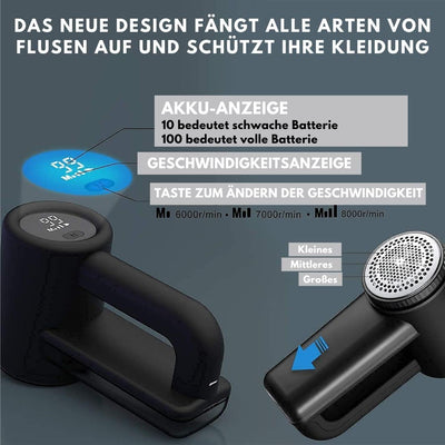 Fusselrasierer Elektrisch WiredLux - Wiederaufladbarer Fusselentferner für Kleidung & Möbel - Einstellbare 3-Fach Geschwindigkeit, 6-blättrige Klinge, LED-Anzeige, USB-Aufladung (Schwarz)