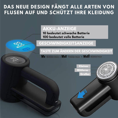 Fusselrasierer Elektrisch WiredLux - Wiederaufladbarer Fusselentferner für Kleidung & Möbel - Einstellbare 3-Fach Geschwindigkeit, 6-blättrige Klinge, LED-Anzeige, USB-Aufladung (Schwarz)