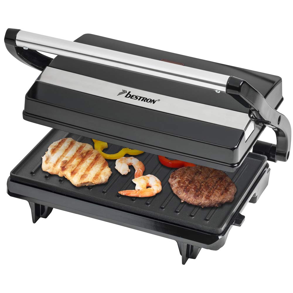 Bestron elektrischer Kontaktgrill mit Auffangschale, Sandwichmaker mit Cool-Touch-Handgriff, Paninimaker mit Antihaftbeschichtung, 700 Watt, APM123Z, Farbe: Schwarz, 22,5 x 14 cm