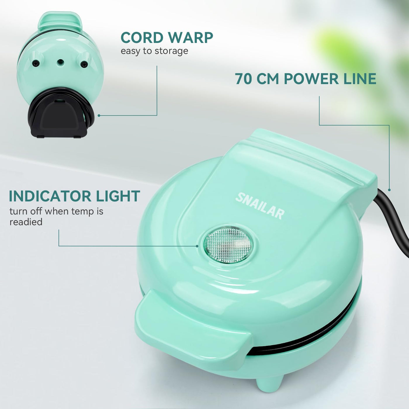 SNAILAR Mini Waffeleisen Belgische Waffel Maschine Kleines Waffeleisen Klassische, für Kindergeburtstage, Familienfeiern, Ostern oder Weihnachten, Niedlich kompaktes Design, 550 Watt, Grün