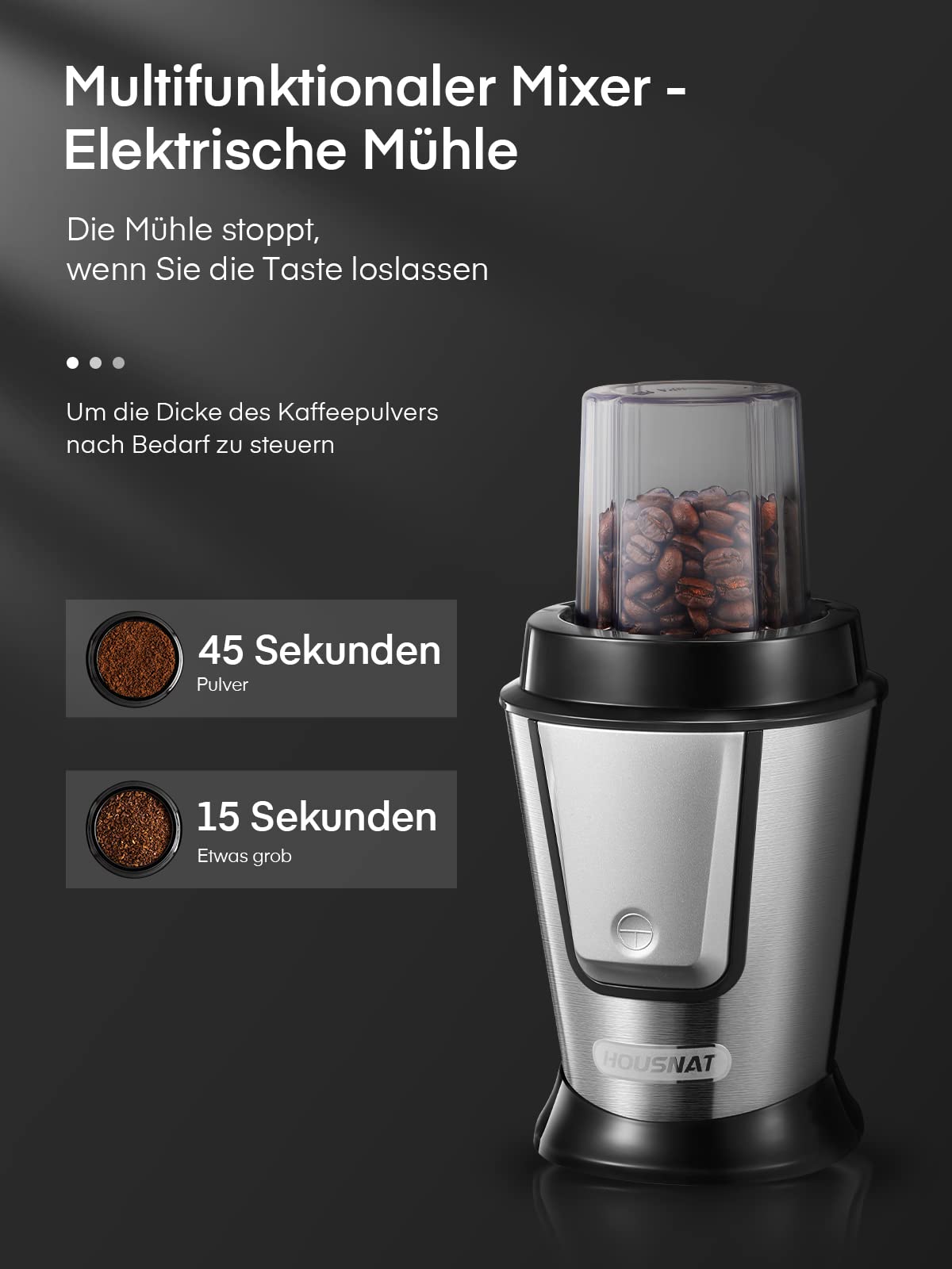 HOUSNAT Smoothie Maker To Go, 500W Standmixer Mixer Kaffeemühle 280ml, Blender Elektrisch mit 2 Tritan-Kunststoff Sport Flasche 570ml,Tragbar, BPA-frei, Spülmaschinenfest, Edelstahl