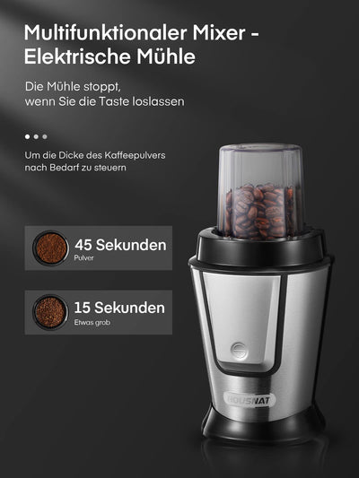 HOUSNAT Smoothie Maker To Go, 500W Standmixer Mixer Kaffeemühle 280ml, Blender Elektrisch mit 2 Tritan-Kunststoff Sport Flasche 570ml,Tragbar, BPA-frei, Spülmaschinenfest, Edelstahl