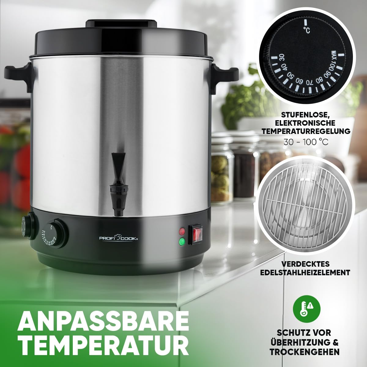 ProfiCook® 2in1 Heißgetränke- & Einkochautomat | 32L Tank | Warmhaltefunktion | Timer | 2100W | 30°C - 100°C | Einkochtopf Edelstahl | Heiß-Getränkespender mit Ablaufhahn | PC EKA 1283