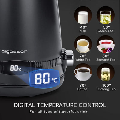 Aigostar Loki - Digitaler Edelstahl Wasserkocher mit Temperatureinstellung 40-100 Grad, Temperaturanzeige, Warmhaltefunktion, 1,7 Liter 2200W Electric Kettle Retro Teekocher, Schwarz