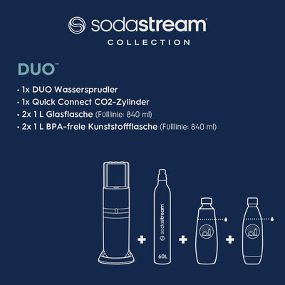 SodaStream Wassersprudler DUO mit CO2-Zylinder, 2x 1L Glasflasche und 2x 1L spülmaschinenfeste Kunststoff-Flasche, Höhe: 44cm, Farbe: Titan, 29x25.6x44.4