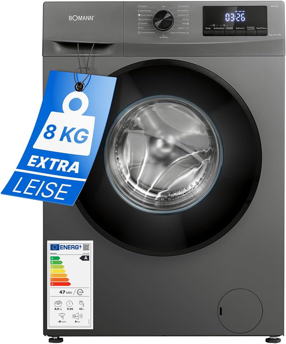 Bomann® Waschmaschine 8kg | max. 1400 U/min | 10 Jahre Motor-Garantie | robuster, leiser & langlebiger Invertermotor | 15 Waschprogramme | LED-Display | mit Dampffunkt. | WA 7185 Titan - Schwarz