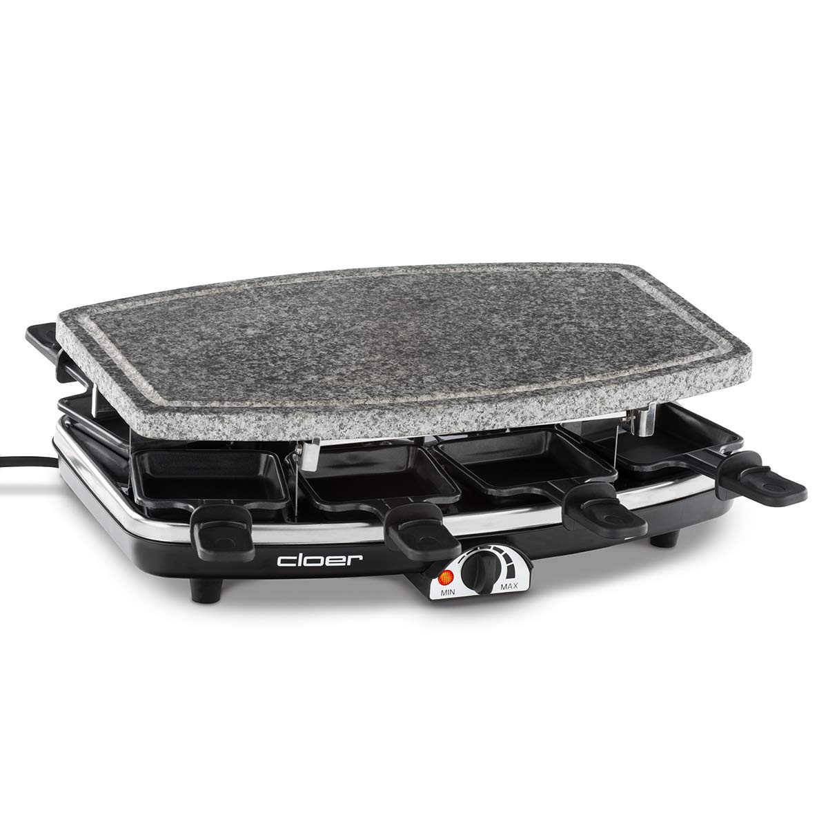 Cloer 6430 Raclette-Grill mit Naturstein, 1200 Watt, 8 Pfännchen antihaftbeschichtet mit wärmeisolierten Griffen, Ganze Platte