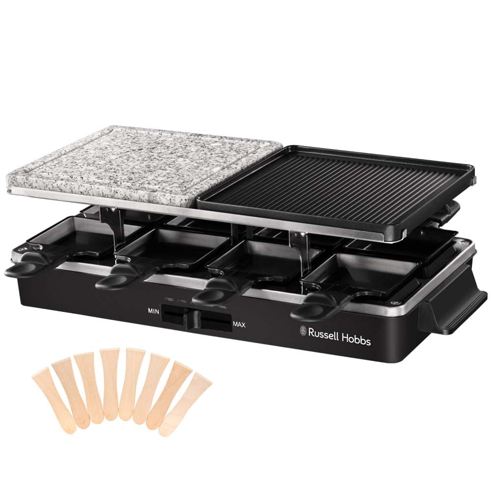 Russell Hobbs Raclette Grill 8 Personen [inkl. 8 Pfännchen und Holzspachtel, 2 Tischgrill-Platten] Multi-Grill (Naturstein mit Saftrinne, antihaftbeschichtete Wendeplatte geriffelt) Schwarz,26280-56