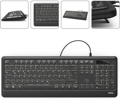 Hama Beleuchtete Tastatur mit Kabel KC-550 QWERTZ (USB Tastatur, kabelgebundene Tastatur, Wired Keyboard, Multimedia Tasten für Windows 10/8/7/Vista/XP, deutsches QWERTZ Layout) Schwarz Normal