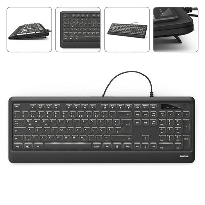 Hama Beleuchtete Tastatur mit Kabel KC-550 QWERTZ (USB Tastatur, kabelgebundene Tastatur, Wired Keyboard, Multimedia Tasten für Windows 10/8/7/Vista/XP, deutsches QWERTZ Layout) Schwarz Normal