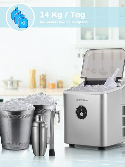 Eiswürfelmaschine Testsieger 2024, 14 kg 24 Stunden, 9 Eiswürfel in 6-8 Minuten, Gerauscharmer Betrieb, 120W Ice Maker mit Schaufel u. Korb, Eiswürfelbereiter für Zuhause, Büro (Silber)