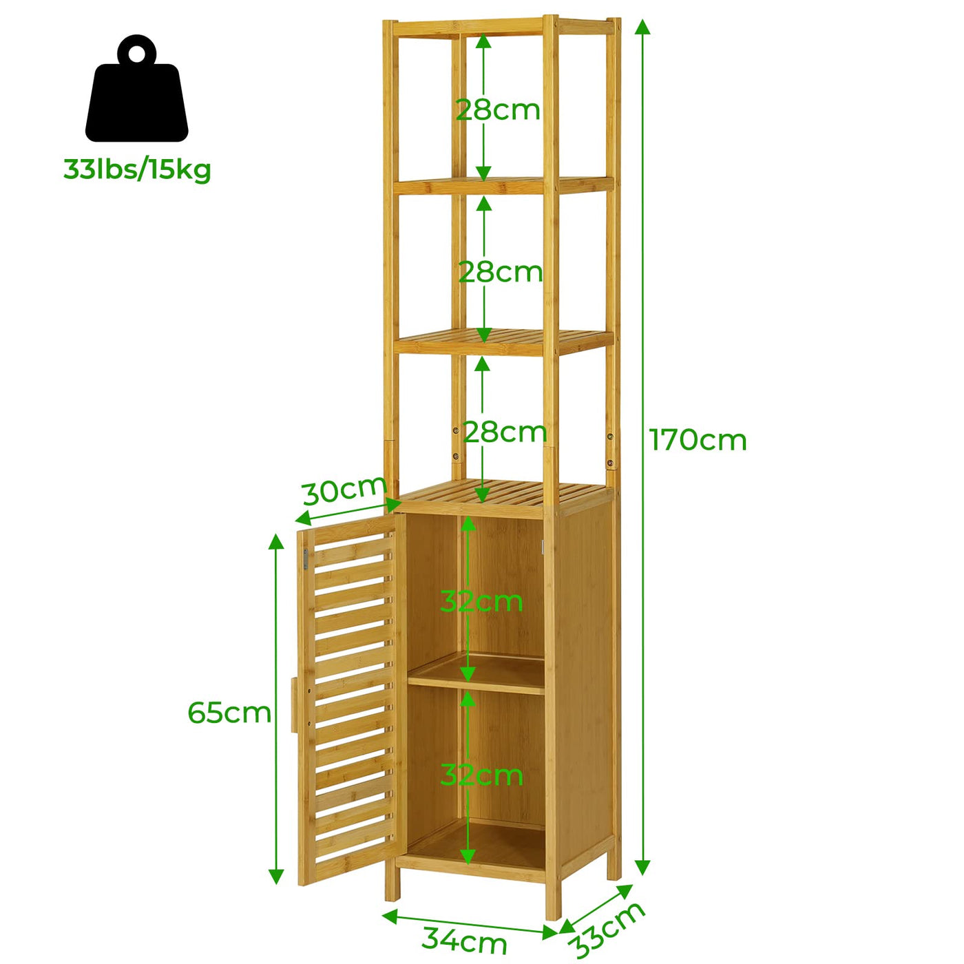 VIAGDO Hochschrank, Badezimmerschrank Bambus, Badschrank hoch mit 3 offene Fächern und Schrank, hoher Beistellschrank, Aufbewahrungsschrank, für Badezimmer, Flur, Küche, Wohnzimmer