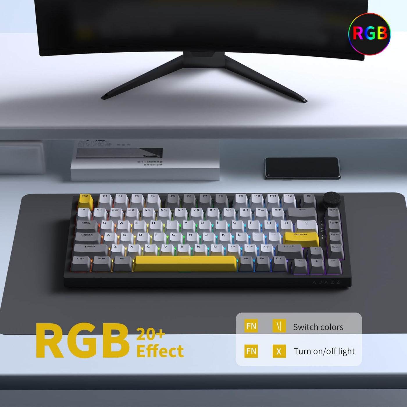 AJAZZ AK820 Kabelgebundene Mechanische Tastatur, Gaming-Tastatur, Südausrichtung RGB|Lautstärkeregler|82 Tasten|PBT-Tastenkappen|Poron Cotton|Hot-Swap-Fähiger, Custom Drivers für Windows MacOS Linux