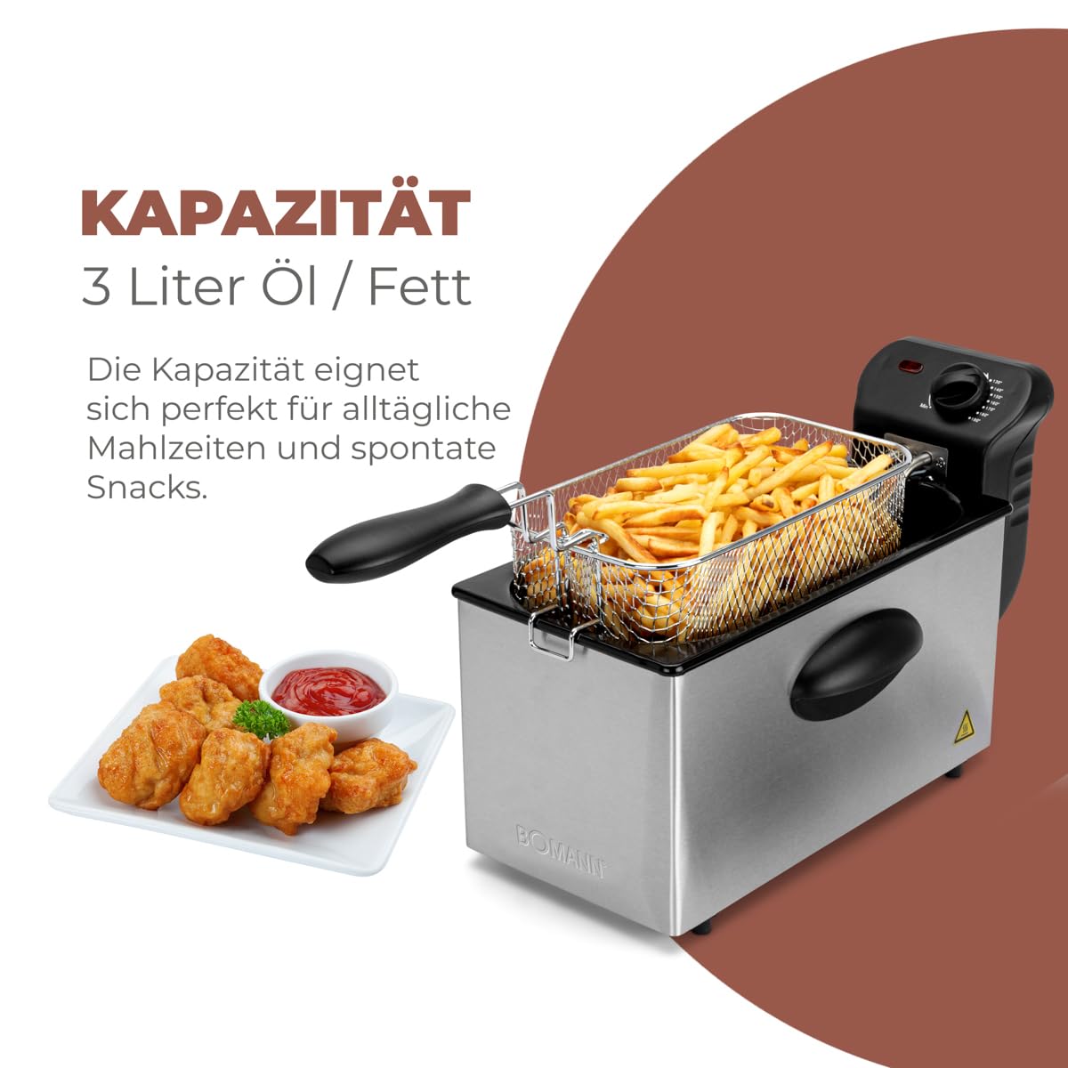 Bomann® Fritteuse mit 3L Kapazität | Friteuse mit Fett | Friteuse Öl mit Kaltzonentechnik & Abtropfvorrichtung | Fritteusen mit stufenlos regelbarerem Thermostat | 2000W | Gastro Friteuse FR 2264 CB