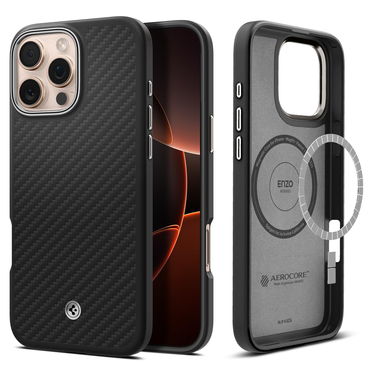 Spigen für iPhone 16 Pro Max Hülle [Kevlar 1500D Schutz] Enzo Aramid MagFit Aramidfaser Dünn Slim Stoßfest Schutzhülle Case Handyhülle Kompatibel mit MagSafe -Black Silver