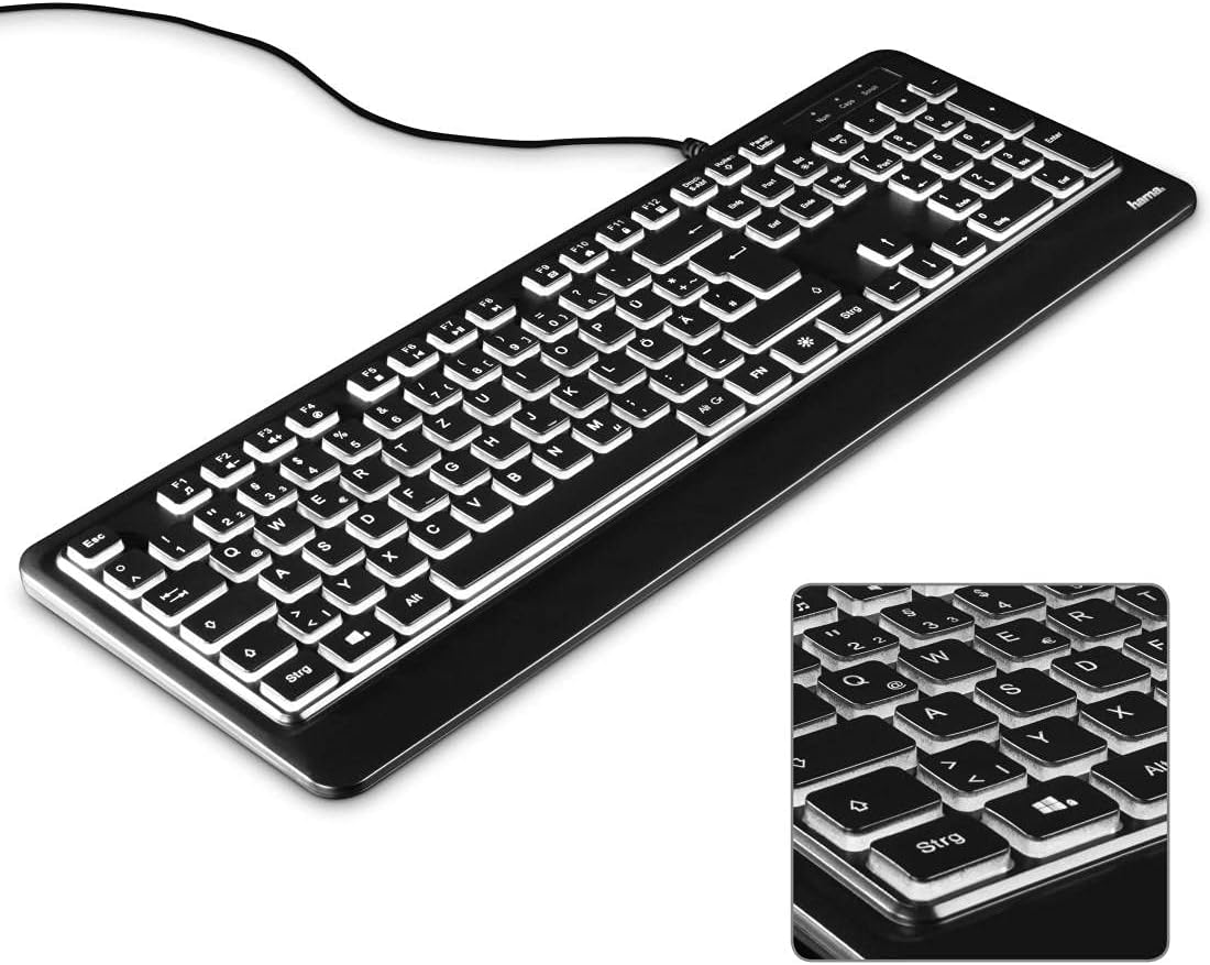 Hama Beleuchtete Tastatur mit Kabel KC-550 QWERTZ (USB Tastatur, kabelgebundene Tastatur, Wired Keyboard, Multimedia Tasten für Windows 10/8/7/Vista/XP, deutsches QWERTZ Layout) Schwarz Normal