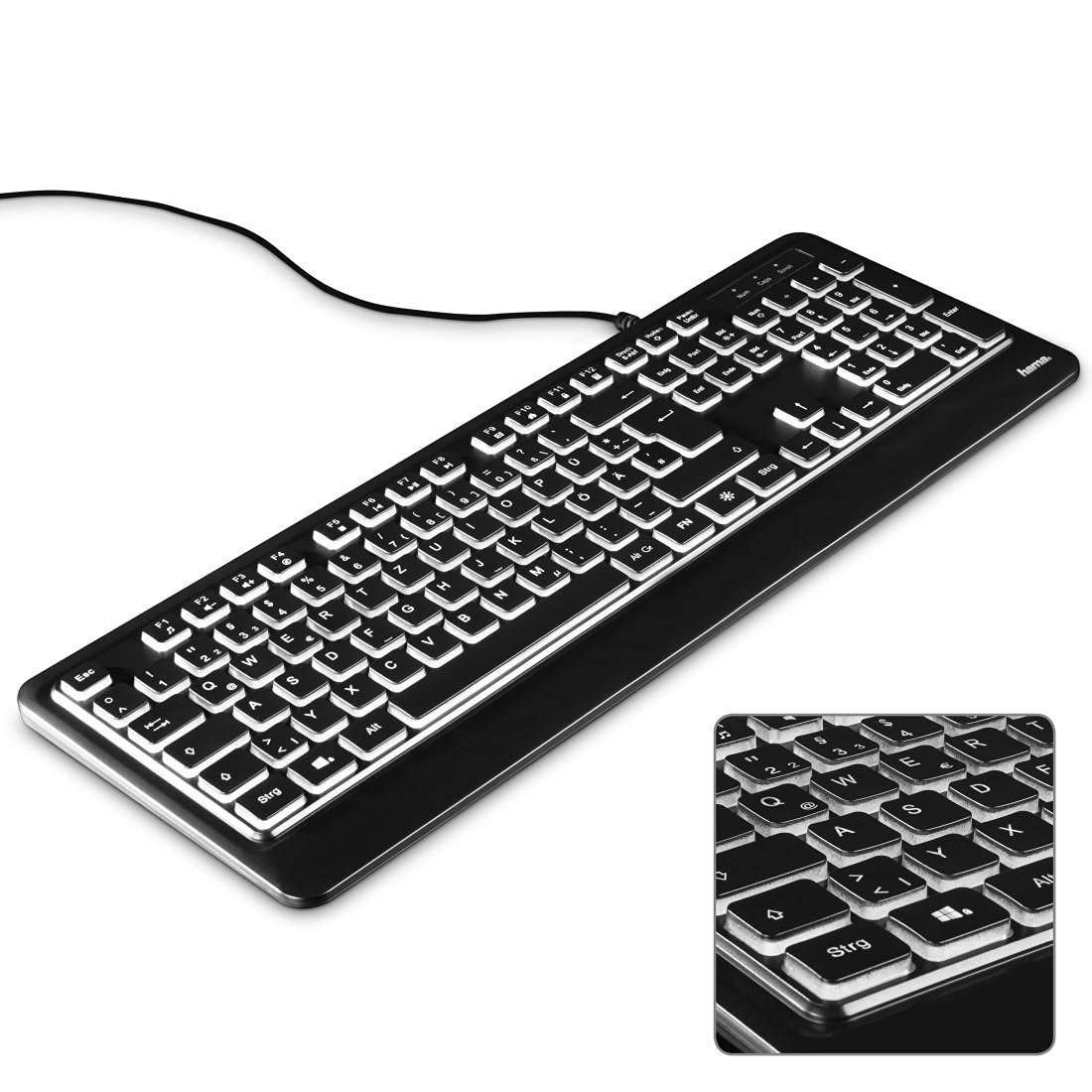 Hama Beleuchtete Tastatur mit Kabel KC-550 QWERTZ (USB Tastatur, kabelgebundene Tastatur, Wired Keyboard, Multimedia Tasten für Windows 10/8/7/Vista/XP, deutsches QWERTZ Layout) Schwarz Normal