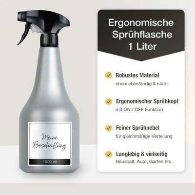 3x Große Sprühflasche 1 Liter mit Zerstäuber (inkl. beschriftbare Etiketten) | Wassersprühflasche ideal für Pflanzen, Reinigungsmittel (chemiebeständig), Garten, Autopflege | Water Spray Bottle