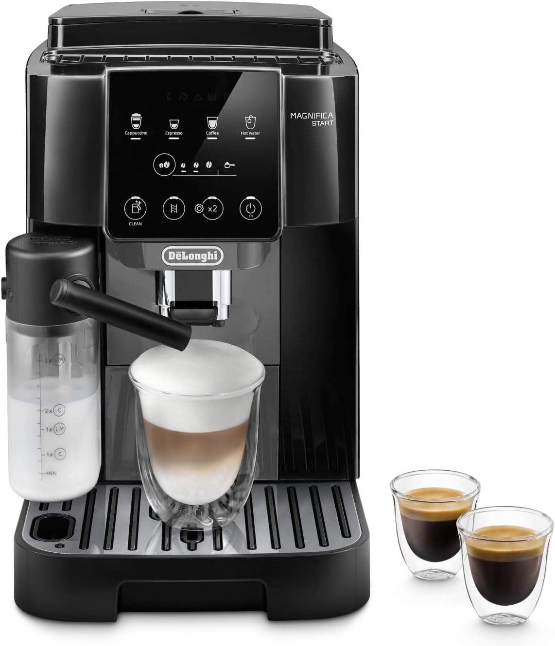 De'Longhi Magnifica Start ECAM222.60.BG, Kaffeevollautomat mit LatteCrema-Milchsystem für Automatischen Cappuccino, 4-Direktwahl-Tasten, Touchscreen, x2-Funktion, Schwarz/Grau mit DLSC 500 Entkalker