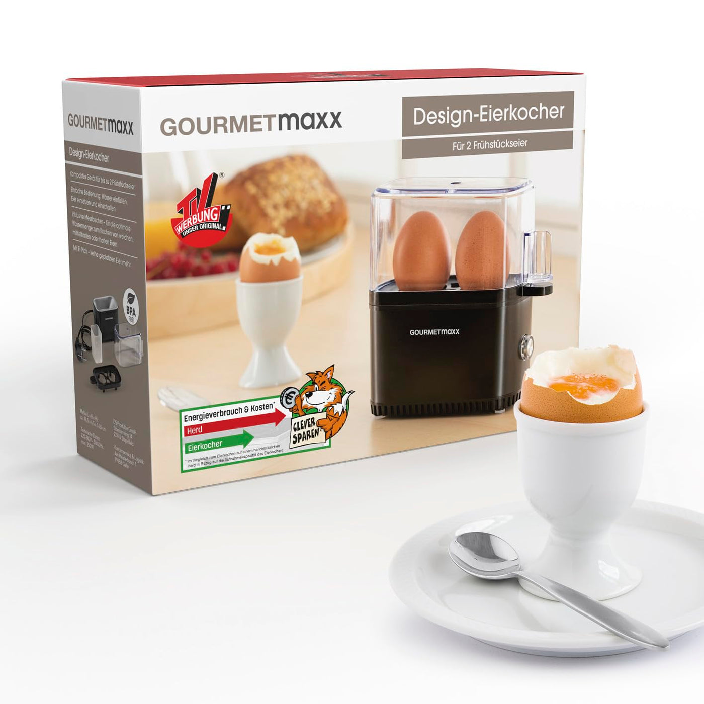 GOURMETmaxx Design Eierkocher für 2 Eier | kompakter Egg Boiler | Egg Cooker mit Eierstecher, Messbecher & Signalton | 3 Härtegrade | leichte Reinigung & spülmaschinenfeste Teile