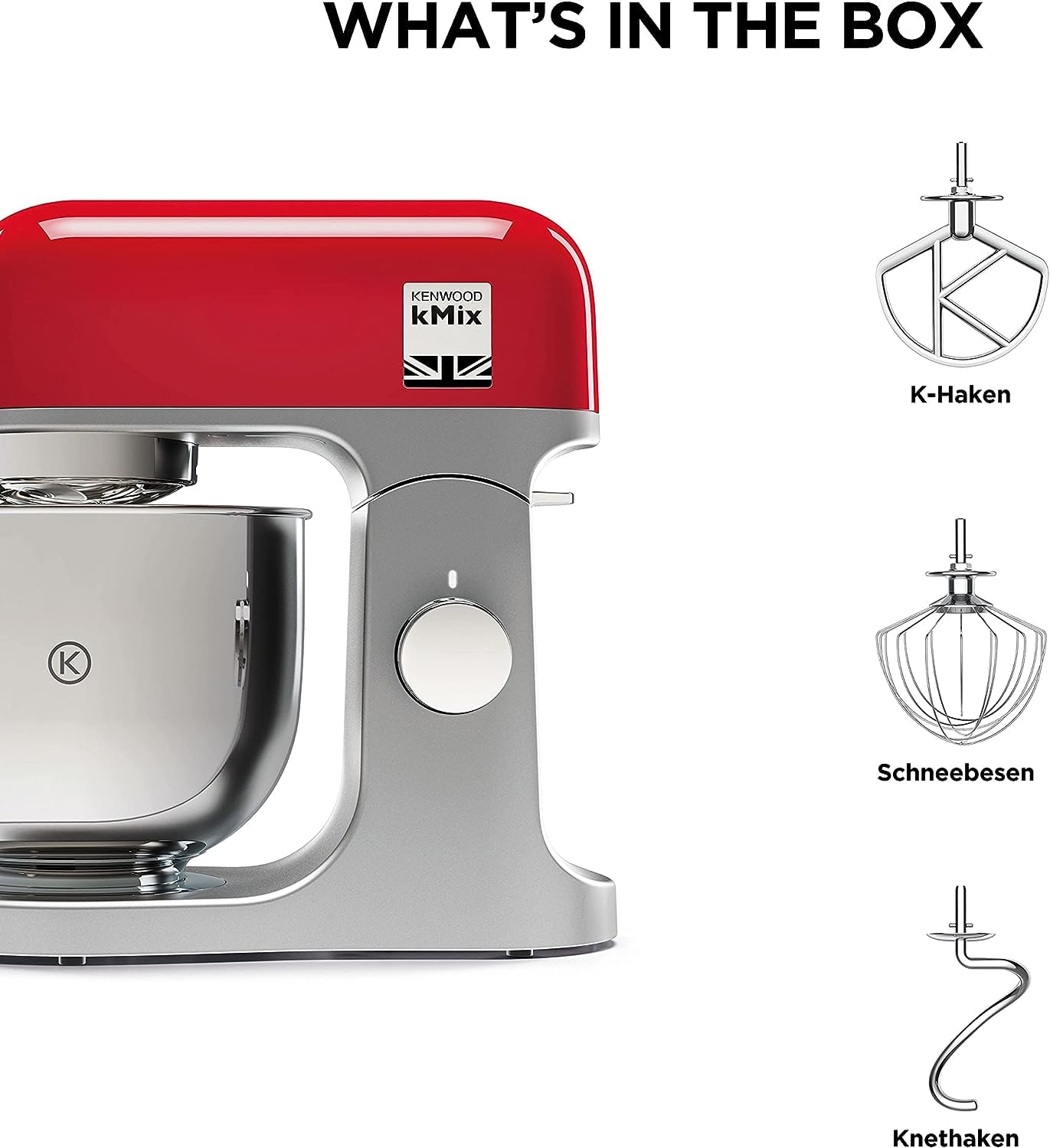 Kenwood kMix KMX750RD Küchenmaschine, 5 l Edelstahl Schüssel, Safe-Use-Sicherheitssystem, Metallgehäuse, 1000 Watt, inkl. 3-Teiligem Patisserie-Set und Spritzschutz, Rot