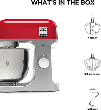 Kenwood kMix KMX750RD Küchenmaschine, 5 l Edelstahl Schüssel, Safe-Use-Sicherheitssystem, Metallgehäuse, 1000 Watt, inkl. 3-Teiligem Patisserie-Set und Spritzschutz, Rot