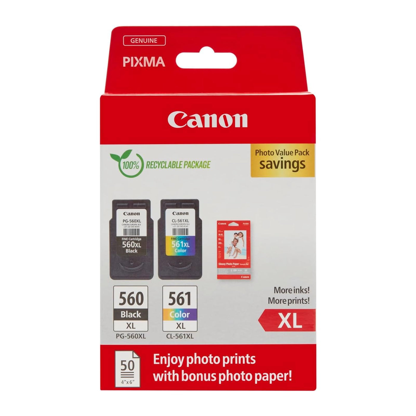 Canon Tinte & Papier Multipack - PG-560XL/CL-561XL Original Tintenpatronen 2er Pack (1 x Schwarz XL, 1 x Farbe XL) & 4x6 Fotopapier (50 x Blatt) - Kompatibel PIXMA Druckern