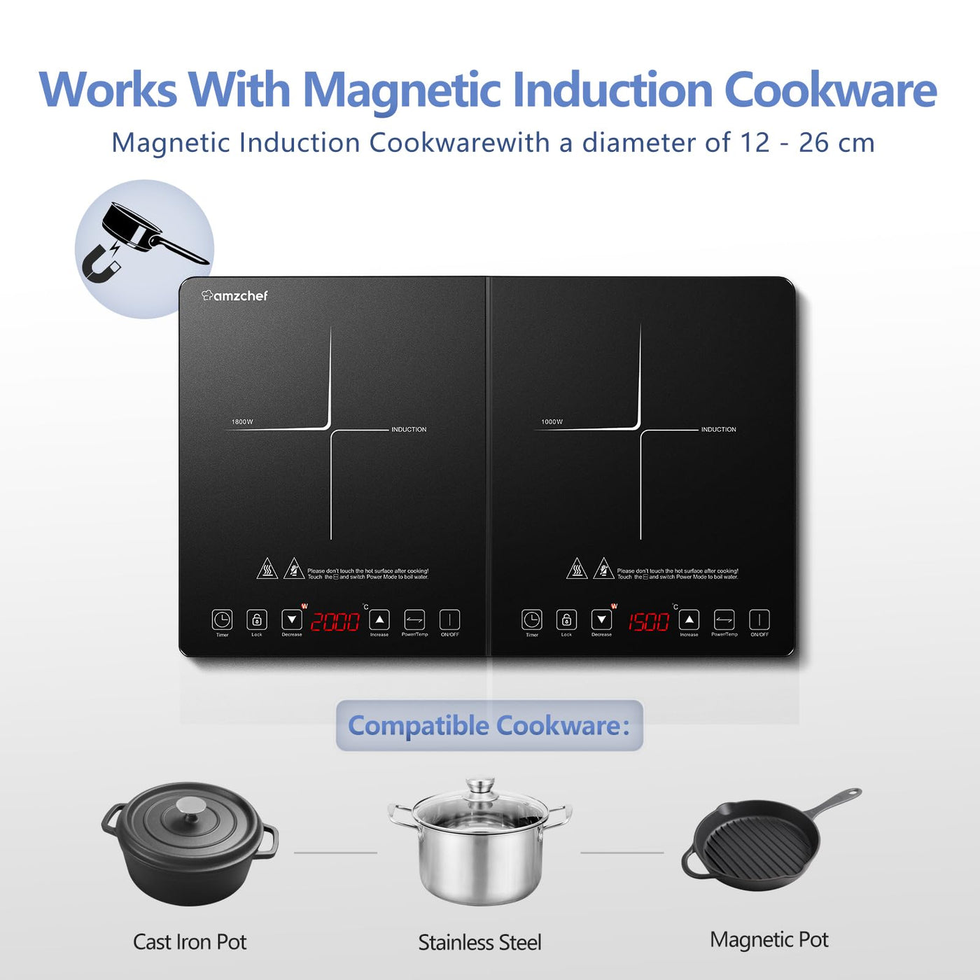 AMZCHEF induktionskochfeld 2 platten,Doppel-induktionskochplatte mit unabhängiger Steuerung, 20 Temperaturstufen, mehrere Leistungsstufen, 3500W, 3-Stunden-Timer, Sicherheitssperre