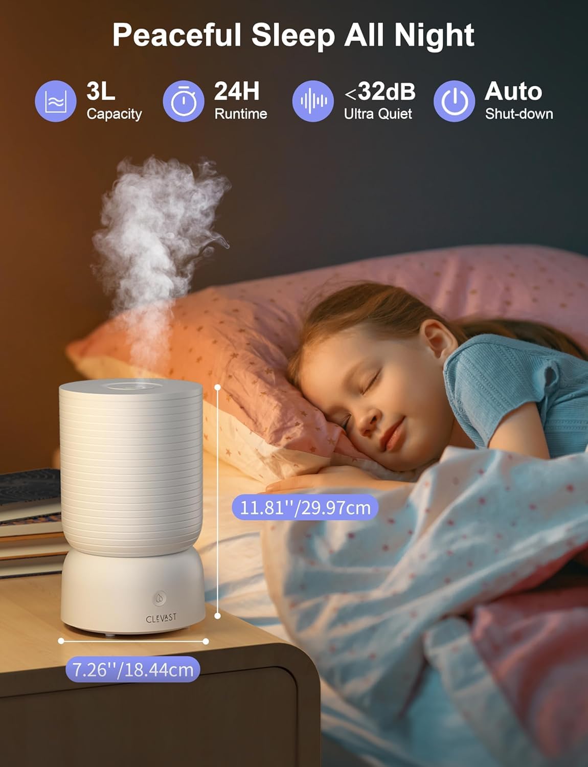 CLEVAST Luftbefeuchter, Top Fill 3L Cool Mist Quiet Ultraschall Humidifier, Luftbefeuchter Schlafzimmer mit Aroma Diffuser, Luftfeuchtigkeit Kontrolle & Wi-Fi Kontrolle, Dauerbetrieb 24h