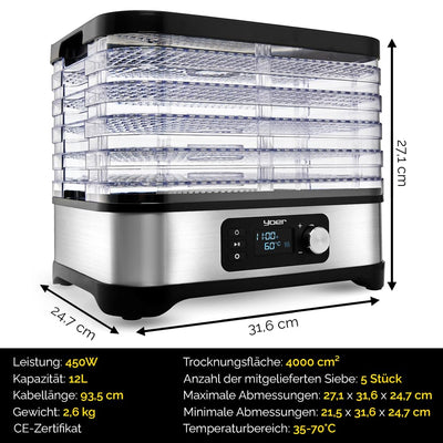 Yoer VitaSave FD01S, Dörrautomat, 450W, 4000 cm2, 24h Timer, LED-Anzeige, Edelstahl INOX, BPA-frei, Modulare bauweise, Lebensmittel-Dörrgerät für Lebensmittel, Pilze, Früchte, Fleisch, Fisch, Gemüse