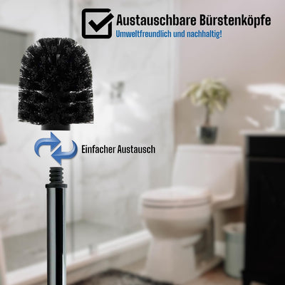 Daloual - 3 x Ersatz WC-Bürstenkopf Schwarz Ø ca. 6,5 cm + 1 x Edelstahl-Griff 26,5 cm - Toiletten-Bürste - Klo-Bürste - WC-Besen - austauschbar - modernes Design - hochwertig - langlebig