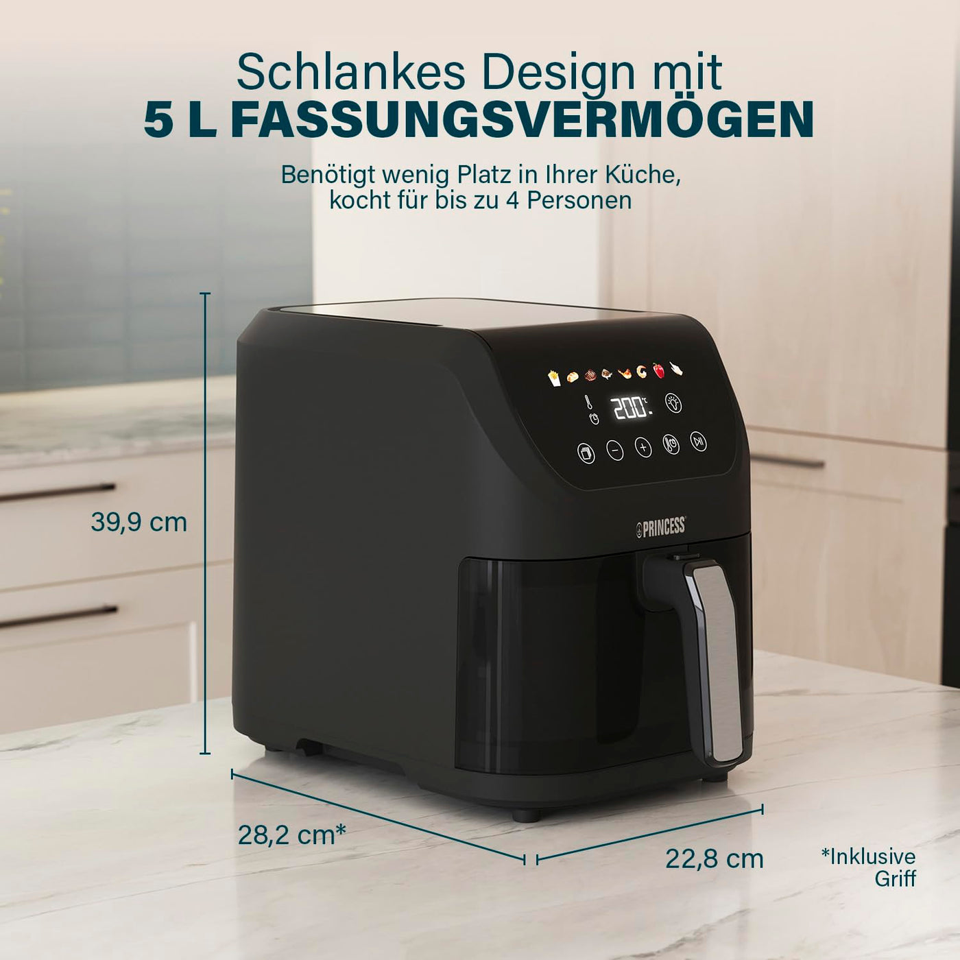 Princess Slim Airfryer 5L - 1500 W - leiser Betrieb (55 db) - Platzsparendes Design - Ölfrei - 8 Kochprogramme - Einstellbarer Thermostat - Spülmaschinenfeste Teile - Antihaftbeschichtung - 182240