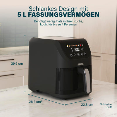 Princess Slim Airfryer 5L - 1500 W - leiser Betrieb (55 db) - Platzsparendes Design - Ölfrei - 8 Kochprogramme - Einstellbarer Thermostat - Spülmaschinenfeste Teile - Antihaftbeschichtung - 182240