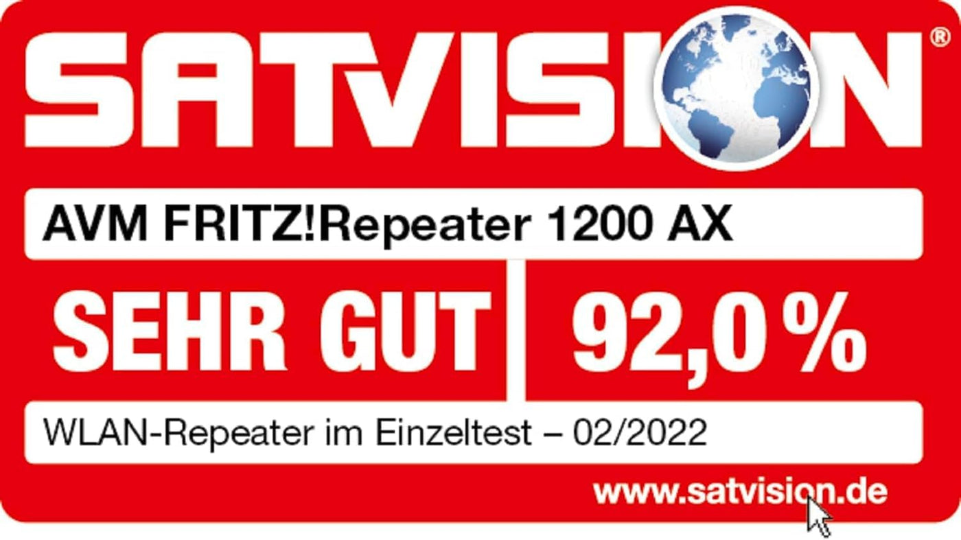 AVM Fritz!Repeater 1200 AX (Wi-Fi 6 Repeater mit Zwei Funkeinheiten: 5 GHz-Band (bis zu 2.400 MBit/s), 2,4 GHz-Band (bis zu 600 MBit/s), deutschsprachige Version)