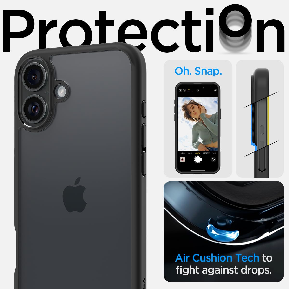 Spigen für iPhone 16 Hülle [Anti-Yellowing] Ultra Hybrid Case Handyhülle Schutzhülle Cover Transparent Durchsichtig Dünn Slim -Schwarz