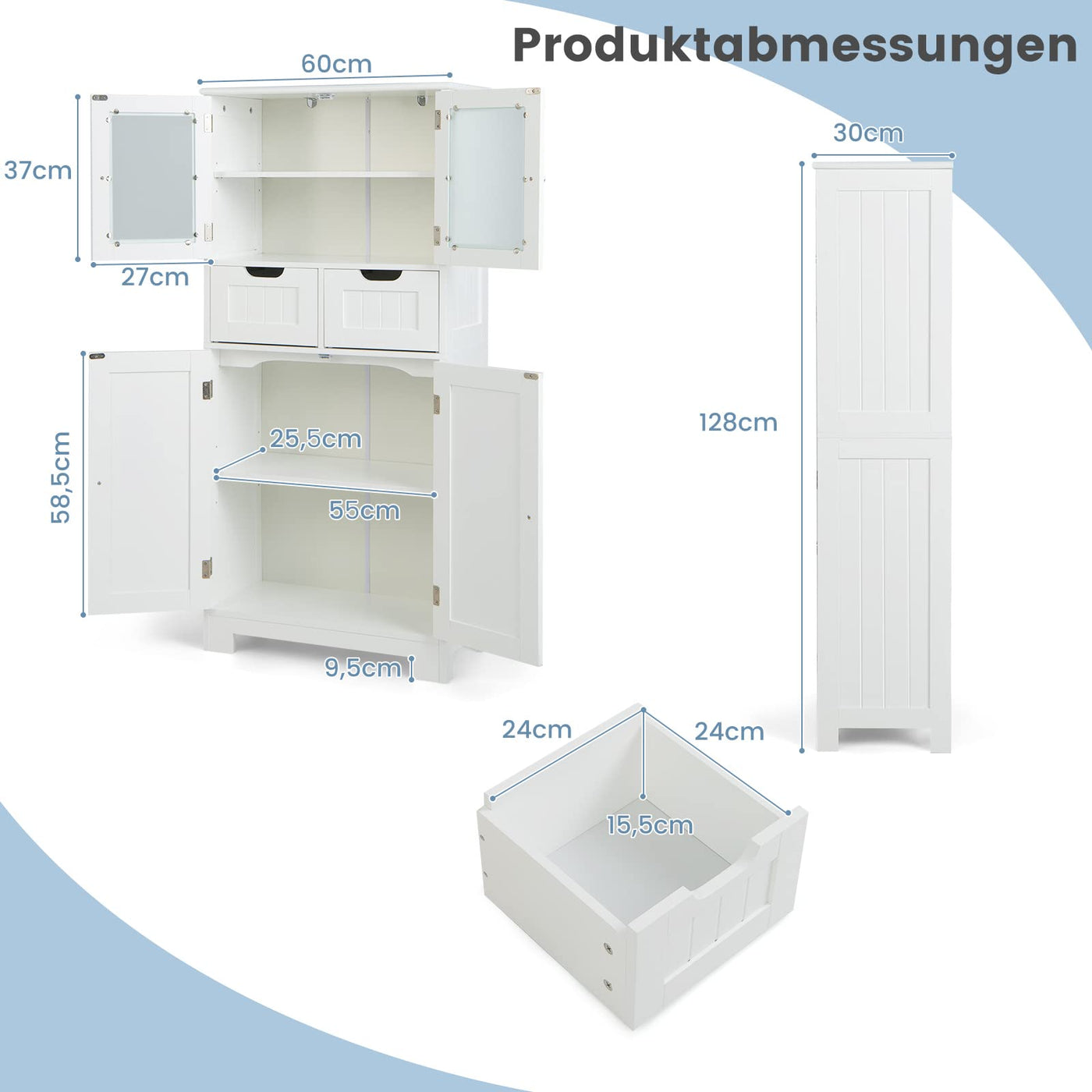 COSTWAY Badschrank mit 2 Schubladen und 4 Türen, Badezimmerschrank mit verstellbaren Regalen, Badkommode Aufbewahrungsschrank für Badezimmer, Küche, Wohnzimmer (Weiß)